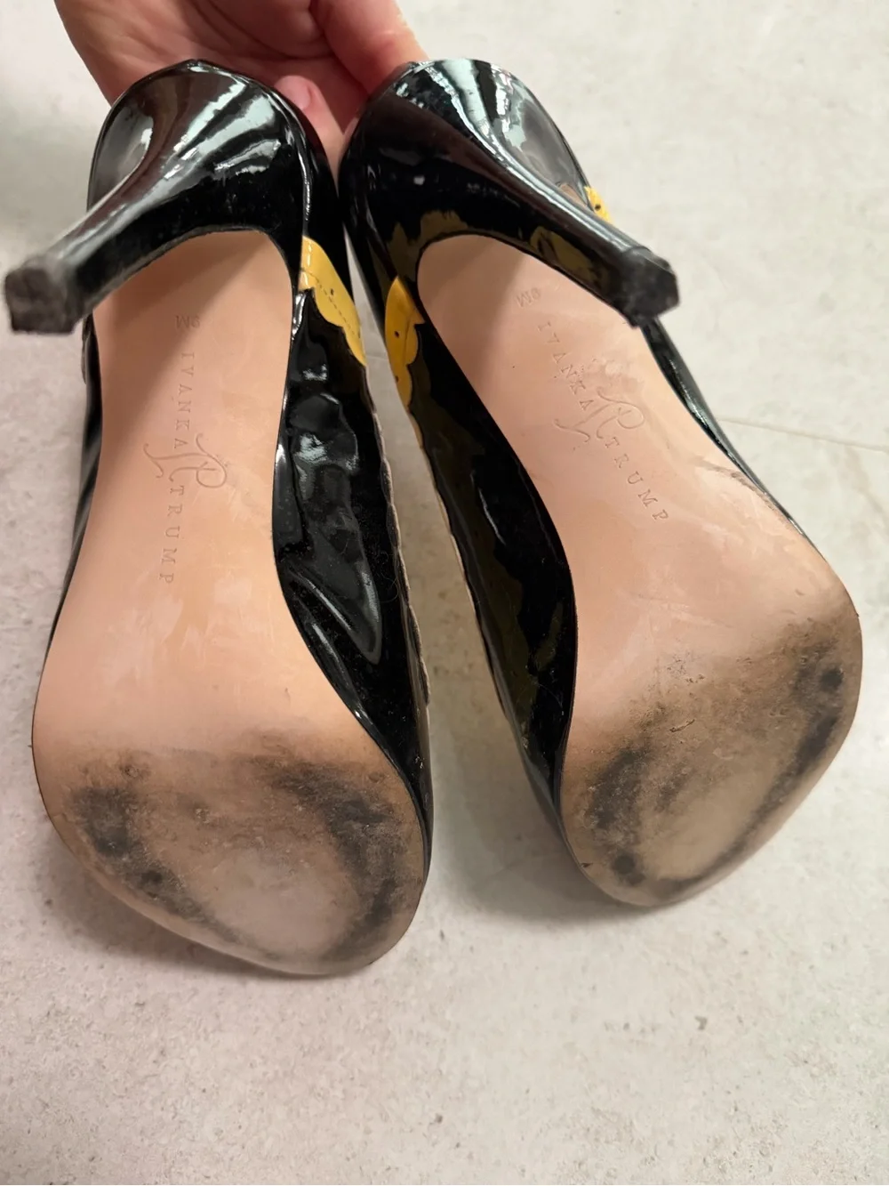 Ivanka Trump Black Yellow Patent Leather Peep Toe Pumps Scalloped Bow Detail